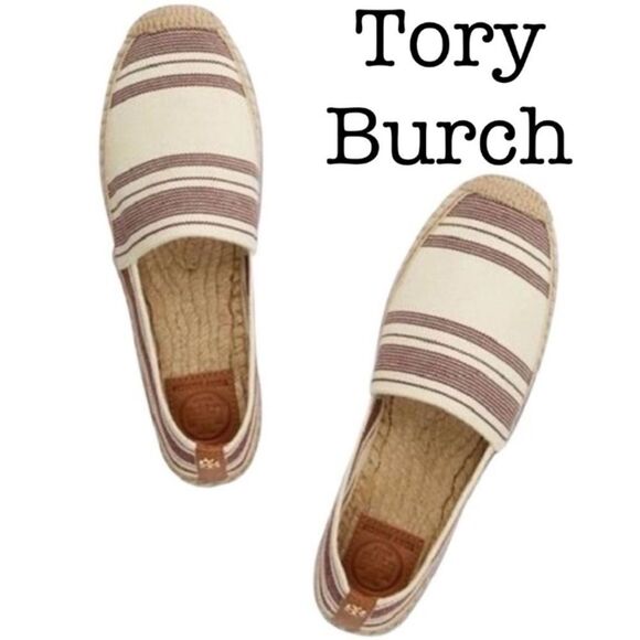 Tory Burch Striped Ivory, Plum, Tan Elastic Espadrilles Flats! ❤️ - Picture 1 of 9